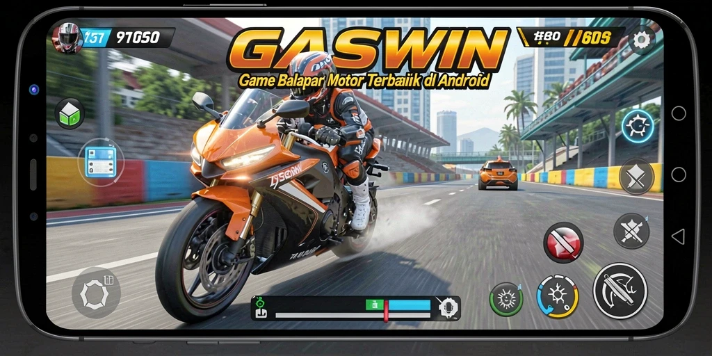 Screenshot Gaswin menampilkan aksi balapan motor yang mendebarkan.
