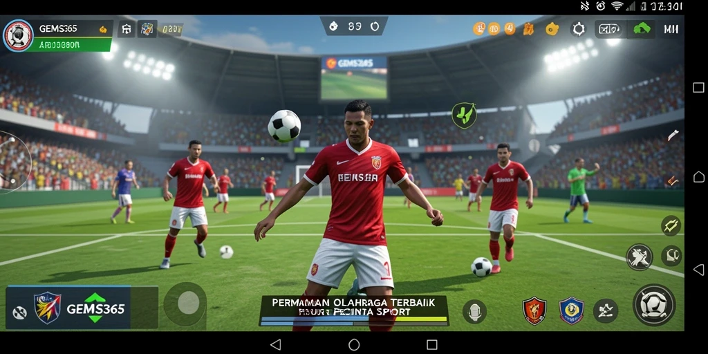 Screenshot utama menunjukkan aksi seru dalam permainan olahraga GEMS365.