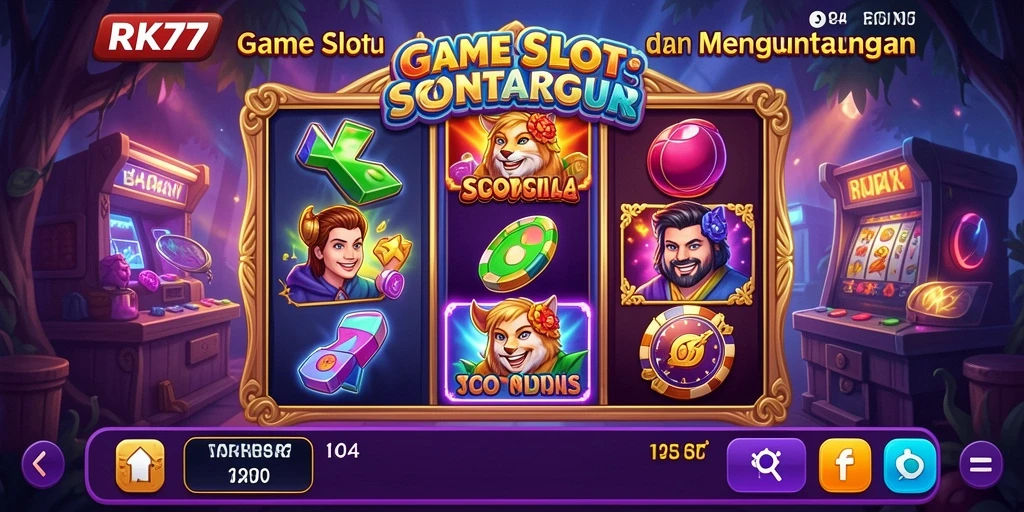 Tampilan gameplay menarik dari RK77 dengan simbol slot yang beragam.