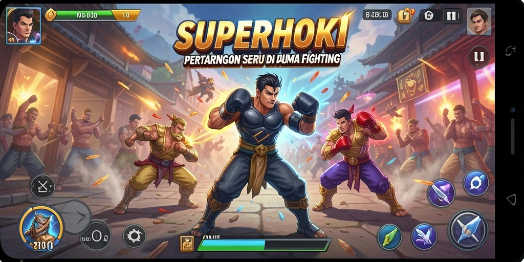 Gameplay SUPERHOKI yang menampilkan pertarungan intens dan karakter unik.