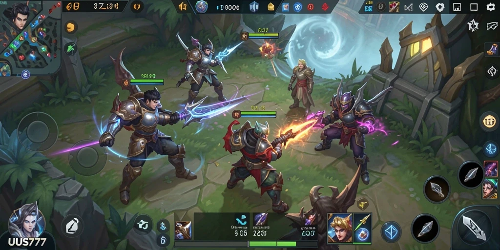 Screenshot UUS777 menampilkan aksi pertarungan karakter MOBA yang menegangkan.