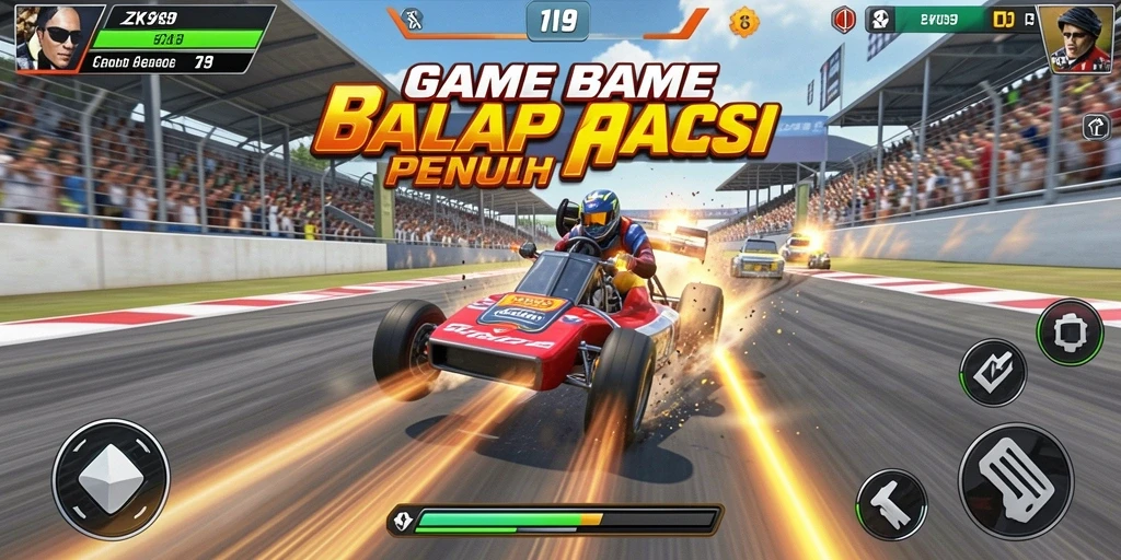 Screenshot gameplay ZK9 menampilkan balapan seru dengan mobil yang melaju kencang.